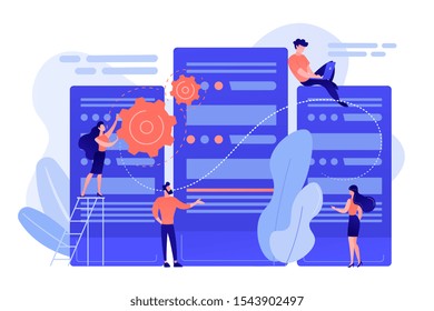 Tiny people data center engineers and administrator working with servers. Data center, centralized computer system, remote data storage concept. Pinkish coral bluevector isolated illustration