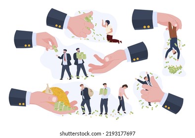 Pequeñas personas endeudadas, enormes hombres de negocios que dan dinero a la banca financiera conjunto de préstamos ilustraciones vectoriales. Hombre y mujer en quiebra tomando crédito de billetes de monedas. Deducción de los pagos en préstamo por pobreza