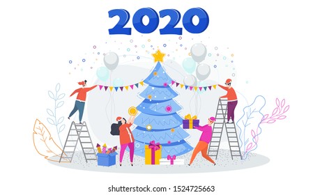 Tiny people decorate the tree. Greeting card for Merry Christmas and Happy New Year 2020. Vector illustration for congratulations, invitations on the eve of the celebration. Little character.