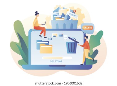 Tiny people deleting data on laptop and move unnecessary files to the trash bin. Delete concept. Cleaning digital memory. Modern flat cartoon style. Vector illustration on white background