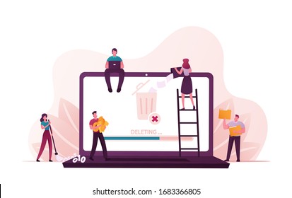 Tiny People Deleting Information Concept. Male and Female Characters around of Huge Laptop Throw Documents and Files into Litter Bin, Sweeping Binary Code and Destroy Docs. Cartoon Vector Illustration