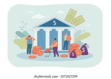 Tiny people depositing or taking money from government bank. Flat vector illustration. People taking or paying off loan standing with coins near courthouse. Payment, credit, finance, business concept