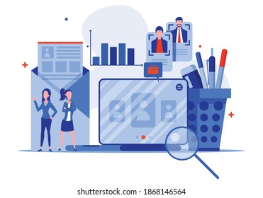 Pequeñas personas diseñan el concepto de contratación de negocios para el desarrollo de sitios web y móviles. Ilustración del vector