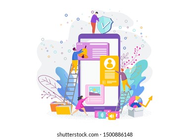 Tiny people are designing a mobile website. Web design, development. The website is under construction. Interface Design. Trendy flat vector style illustration.