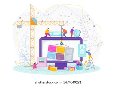 Tiny people are designing a website. Web design, development. The website is under construction. Interface Design. Trendy flat vector style illustration.