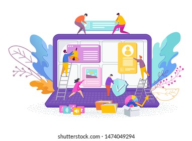 Tiny people are designing a website. Web design, development. The website is under construction. Interface Design. Trendy flat vector style illustration.