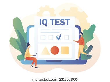 Tiny people determine cognitive abilities online. IQ test. Intelligence Quotient. Modern flat cartoon style. Vector illustration on white background