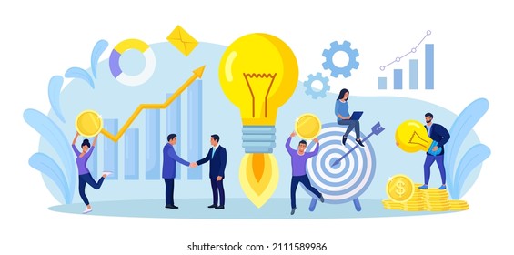 Tiny people develop creative business idea. Big light bulb as metaphor of idea. Business meeting and brainstorming. Businessmen solve problems and find solutions with teamwork. Vector illustration