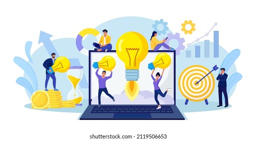 Tiny people develop creative business idea. Big light bulb as rocket on laptop screen. Business meeting and brainstorming, launch startup. Businessmen solve problems and find solutions with teamwork