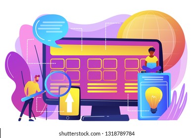 Tiny People Developers At Computer Working On Core System. Core System Development, All In One Software Solution, Core System Modernization Concept. Bright Vibrant Violet Vector Isolated Illustration