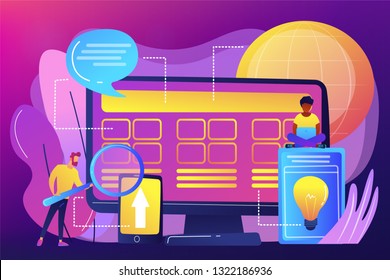 Tiny People Developers At Computer Working On Core System. Core System Development, All In One Software Solution, Core System Modernization Concept. Bright Vibrant Violet Vector Isolated Illustration