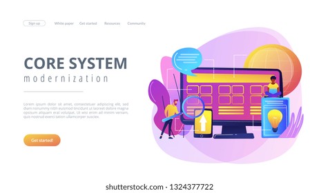 Tiny People Developers At Computer Working On Core System. Core System Development, All In One Software Solution, Core System Modernization Concept. Website Vibrant Violet Landing Web Page Template.