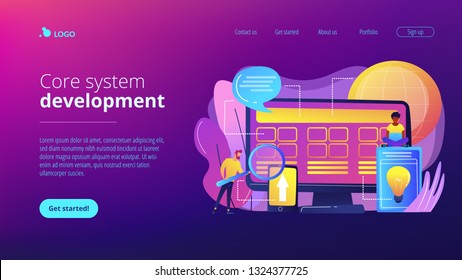 Tiny People Developers At Computer Working On Core System. Core System Development, All In One Software Solution, Core System Modernization Concept. Website Vibrant Violet Landing Web Page Template.