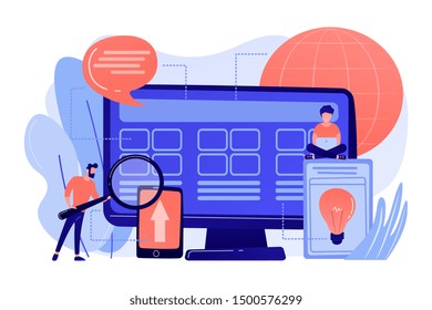 Tiny People Developers At Computer Working On Core System. Core System Development, All In One Software Solution, Core System Modernization Concept. Living Coral Bluevector Isolated Illustration