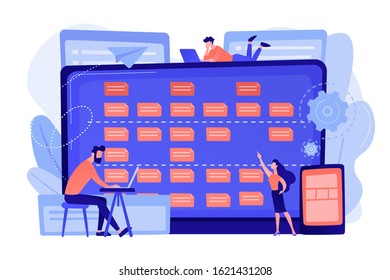 Tiny people developers at laptop and customer requirements. Software requirement description, user case agile tool, business analysis concept. Pinkish coral bluevector isolated illustration