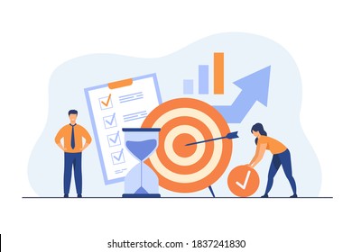 Tiny people developing self control system isolated flat vector illustration. Metaphor of target and goal achievement for productive work. Time management and development concept