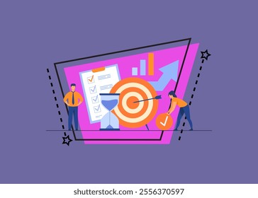 Tiny people developing self control system isolated flat vector illustration. Metaphor of target and goal achievement for productive work. Time management and development concept