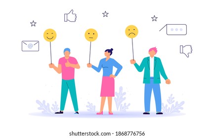 Pequeñas personas con diferentes señales emocionales que dan su opción para el concepto de vector de retroalimentación. Ejemplo de metáfora de evaluación y calificación de satisfacción del cliente