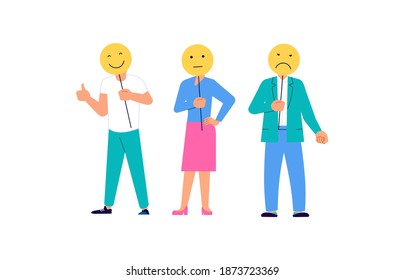 Tiny people with different emotions signs giving their choice for feedback vector concept. Customer review and satisfaction rating metaphor illustration