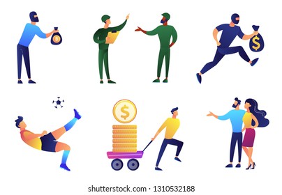 Tiny people with different occupations vector illustrations set. Soldiers and football player, businessman profit and robber, couple concept. Vector illustrations set isolated on white background.