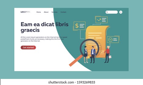 Tiny people discussing giant report. Report, work process, teamwork flat vector illustration. Financial, planning, development concept for banner, website design or landing web page