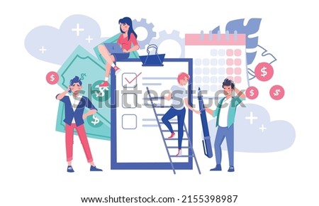 Tiny people diverse business team checking expenses in clipboard near calendar flat vector illustration. Budget planning, economy management concept