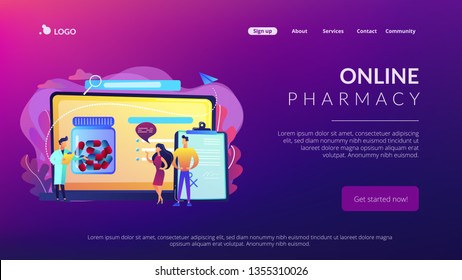 Tiny people, doctor prescribing medicine to patients online. Online prescription system, prescription management system, online pharmacy concept. Website vibrant violet landing web page template.