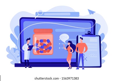 Tiny people, doctor prescribing medicine to patients online. Online prescription system, prescription management system, online pharmacy concept. Pinkish coral bluevector vector isolated illustration