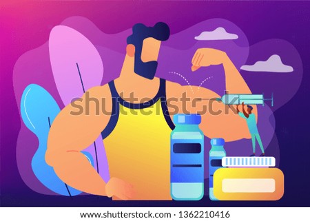 Tiny people doctor with syringe doing anabolic steroids injection to an athlete. Anabolic steroids, anti-aging aid, illegal sport drugs concept. Bright vibrant violet vector isolated illustration