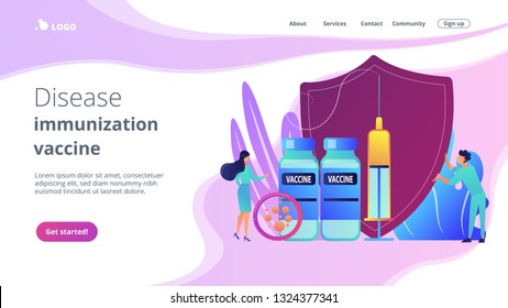 Tiny people doctors and syringe with vaccine, shield. Vaccination program, disease immunization vaccine, medical health protection concept. Website vibrant violet landing web page template.