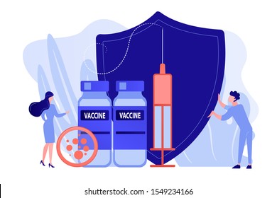 Tiny people doctors and syringe with vaccine, shield. Vaccination program, disease immunization vaccine, medical health protection concept. Pinkish coral bluevector vector isolated illustration