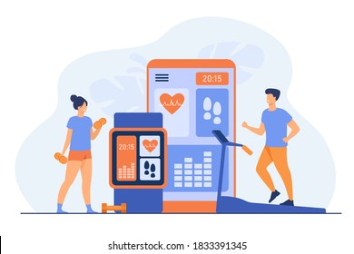 Tiny people doing exercise without gym flat vector illustration. Cartoon man and woman training with virtual sport app with heart pulse. Healthy lifestyle and health concept