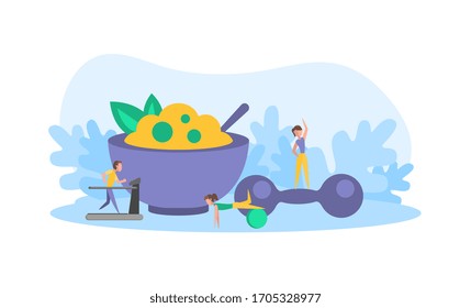 Tiny People Doing Exercises with Sports Equipment and Eating Healthy Food, Sport Fitness Healthy Lifestyle Vector Illustration