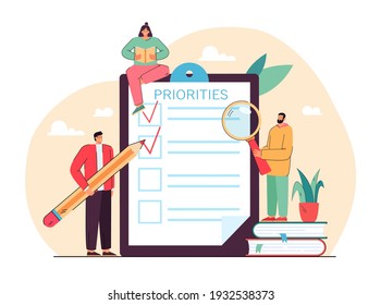 Tiny people doing priorities checklist flat vector illustration. Cartoon characters prioritizing important tasks and making notes. Work planning and management concept