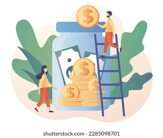 Tiny people donating money. Donation money. Volunteers putting coins in donation jar. Online charity, financial support concept. Modern flat cartoon style. Vector illustration on white background