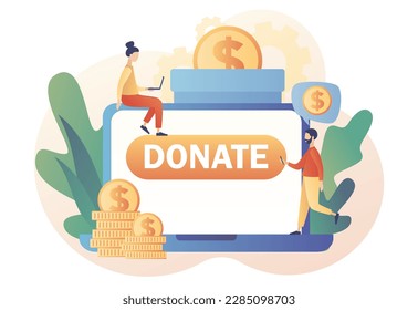 Kleine Leute spenden Geld. Spende Geld. Freiwillige, die Münzen in Spenderbox auf der Website. Online-Wohltätigkeitsorganisation, Finanzierungskonzept. Moderner, flacher Cartoon-Stil. Vektorgrafik