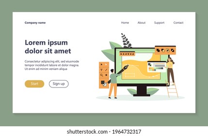 Tiny people drawing with pen in graphic editor isolated flat vector illustration. Cartoon creative guy and woman working together on giant computer display. Digital technology and design concept