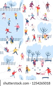 Tiny people dressed in winter clothes or outerwear performing outdoor activities at city park - walking, ice skating, skiing, building snowman. Colorful vector illustration in flat cartoon style.