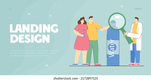 Tiny people drinking water and man with magnifier looking at bottle. People testing water quality flat vector illustration. Healthy lifestyle concept for banner, website design, landing web page