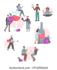 Tiny People Drinking Wine Set, Men and Women Spending Time and Relaxing Together Cartoon Style Vector Illustration