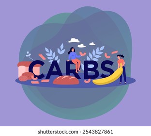 Tiny people eating carbs to gain weight with wheat snacks flat vector illustration. Cartoon women fasting and going on delicious diet. Unhealthy food and nutrition concept