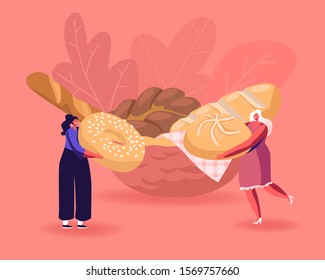 Tiny People Eating or Cooking Bakery Food Enjoying Homemade Flour Production. Female Characters Interacting with Huge Sweet Bun and Donut, Fresh Bread Lying on Plate. Cartoon Flat Vector Illustration