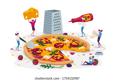 Tiny People Eating Huge Pizza. Male and Female Characters Cut with Knife, Put Ketchup or Cheese, Take Piece of Tasty Italian Food. Fast Food Cafe or Bistro Visitors. Cartoon People Vector Illustration