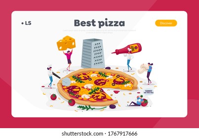 Tiny People Eating Huge Pizza Landing Page Template. Characters Cut with Knife, Put Ketchup or Cheese, Take Piece of Tasty Italian Food. Fast Food Cafe or Bistro Visitors. Cartoon Vector Illustration