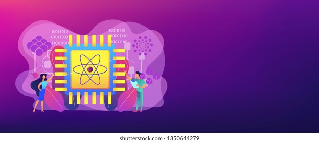 Tiny people engineer and scientist working with quantum computer chip. Optical technology, photonics research, quantum computing concept. Header or footer banner template with copy space.