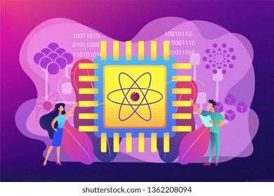 Tiny people engineer and scientist working with quantum computer chip. Optical technology, photonics research, quantum computing concept. Bright vibrant violet vector isolated illustration