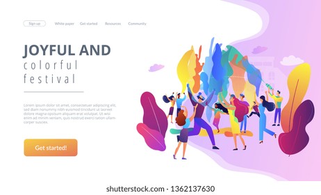 Tiny people enjoying traditional holiday of colors celebration. Holi festival, joyful and colorful festival, city festival day concept. Website homepage landing web page template.