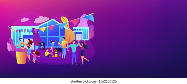 Tiny people enjoying traditional holiday of colors celebration. Holi festival, joyful and colorful festival, city festival day concept. Header or footer banner template with copy space.