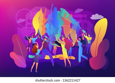 Tiny people enjoying traditional holiday of colors celebration. Holi festival, joyful and colorful festival, city festival day concept. Bright vibrant violet vector isolated illustration