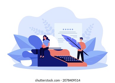 Tiny people enjoying work of writer near vintage typewriter. Man holding feather of author, girl reading flat vector illustration. Storytelling concept for banner, website design or landing web page